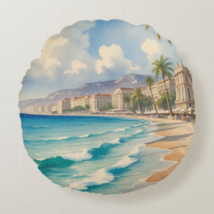 Vintage Style Cote D'Azur French Travel  Round Cushion