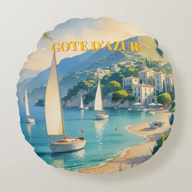 Vintage Style Cote D'Azur French Travel Round Cushion (Front)