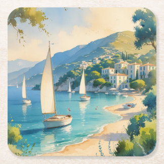 Vintage Style Cote D'Azur French Travel  Square Paper Coaster