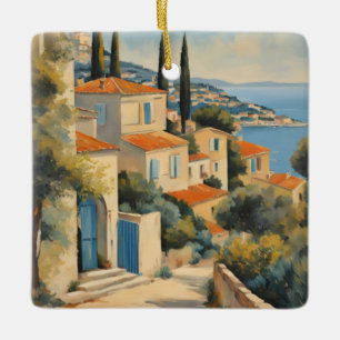 Vintage Style Cote D'Azur French Travel Watercolor Ceramic Ornament