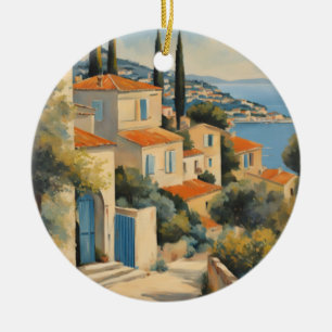 Vintage Style Cote D'Azur French Travel Watercolor Ceramic Tree Decoration