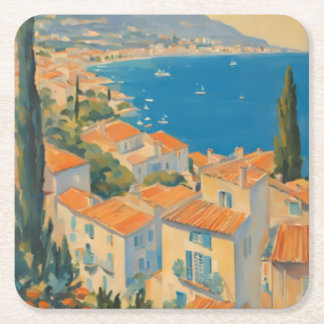 Vintage Style Cote D'Azur French Travel Watercolor Square Paper Coaster