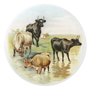 Vintage Style Country Farm Cows Ceramic Knob