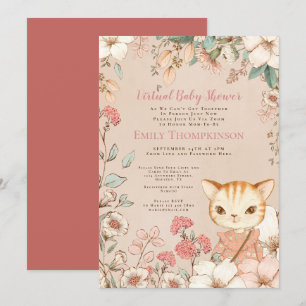 Vintage Style Cute Cat Florals Virtual Baby Shower Invitation