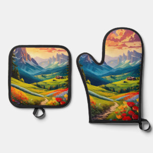 Vintage-Style Dolomites Italy Poster Art Oven Mitt & Pot Holder Set
