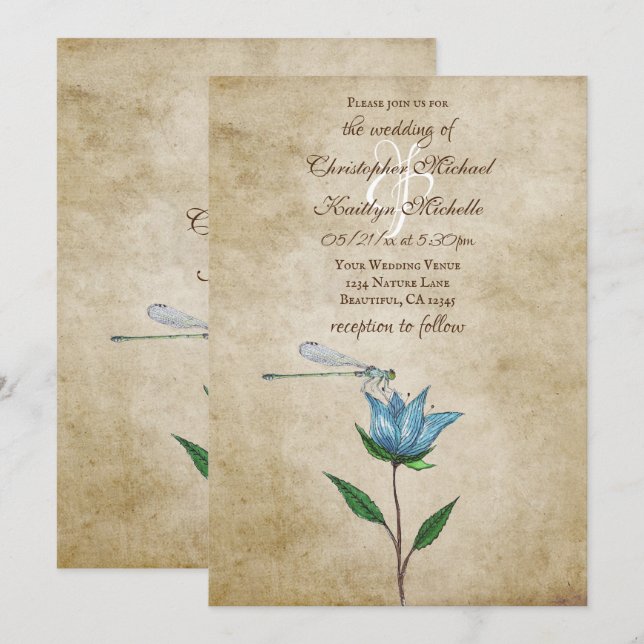 Vintage Style Dragonfly and Blue Flower Wedding Invitation (Front/Back)