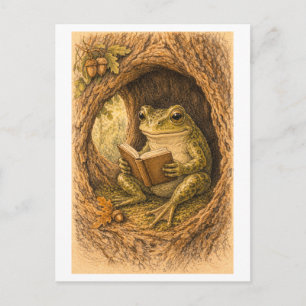 Vintage-Style Drawing of Frog Reading in Tree Postcard