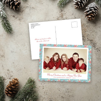 Vintage Style Duck Egg Blue Holly Photo Holiday Postcard