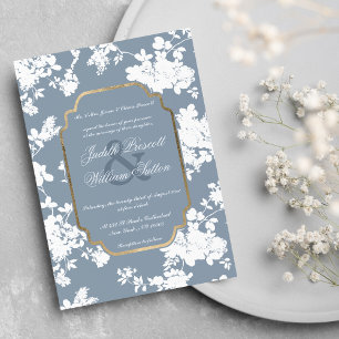 Vintage Style Dusty Blue Gold White Floral Wedding Invitation