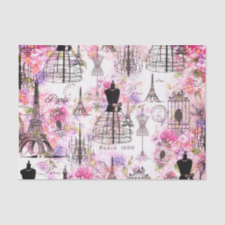 Vintage style Eiffel Tower collage pink floral Tissue Paper