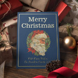 Vintage Style Elegant Santa Merry Christmas Gold Foil Holiday Card<br><div class="desc">Vintage style elegant Christmas card with real gold foil and a wreath with a Santa face. It features a navy blue background and all the text is editable.</div>