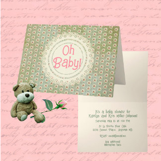 Vintage Style Faded Rose Doily Green Damask Invitation
