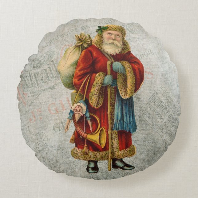 Vintage Style Father Christmas Santa Claus Round Cushion (Front)