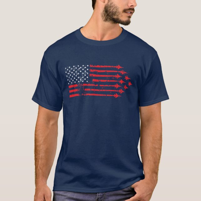 Vintage Style Fighter Jet American Flag Red White T-Shirt (Front)