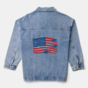 Vintage Style Fishing American Flag Red Blue Tri-B Denim Jacket