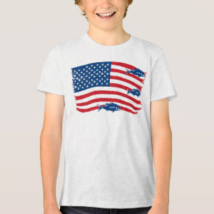 Vintage Style Fishing American Flag Red Blue Tri-Blend Shirt