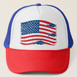 Vintage Style Fishing American Flag Red Blue Trucker Hat