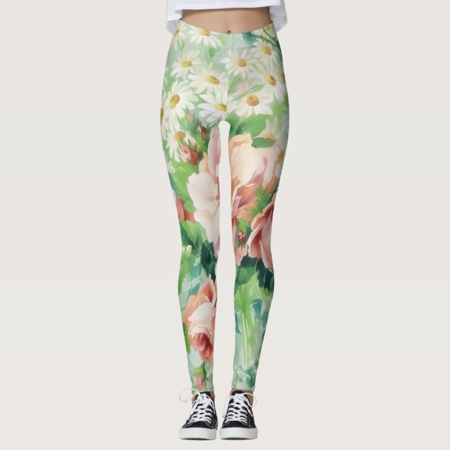 Vintage Style Floral Daisy Flowers Art Leggings (Front)