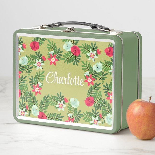 Vintage Style Floral Design Metal Lunch Box (Healthy Eating with a Green Floral Metal Lunch Box!)