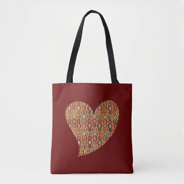 Vintage Style Floral Heart Burgundy Tote Bag (Front)