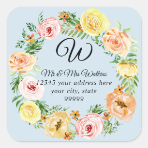 Vintage Style Floral Monogram Blush Peach n Yellow Square Sticker