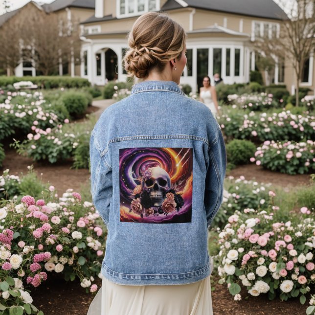 Vintage-Style Floral Skull Denim Jacket (Wedding Back)