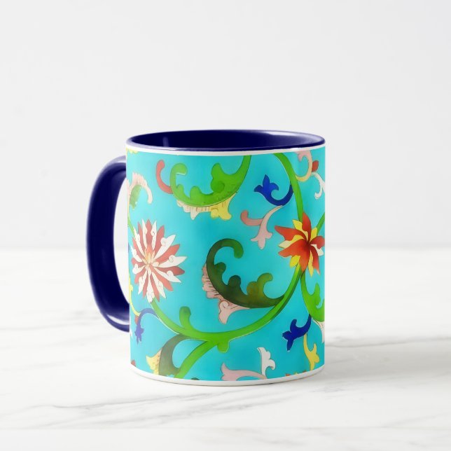 Vintage Style Floral Teal Art Mug Cup (Front Left)