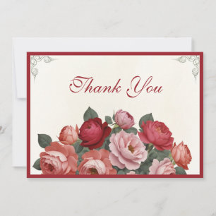 Vintage Style Florals - Pink Red Peach Roses Thank You Card