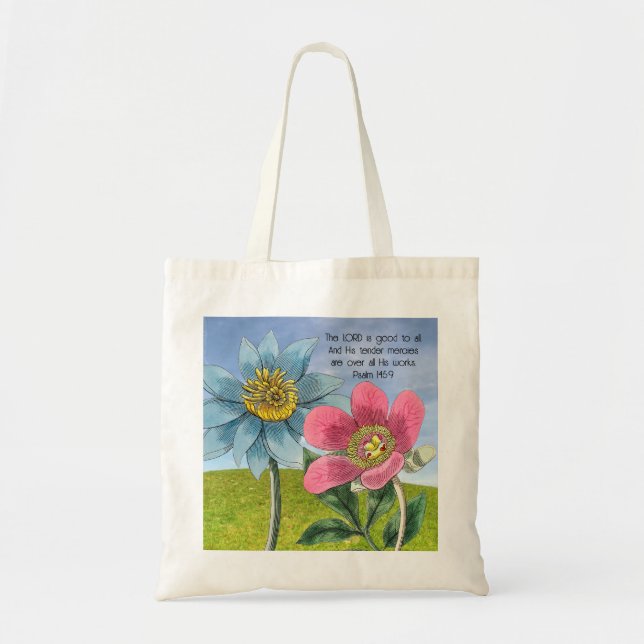Vintage Style Flowers Landscape with Scripture Tote Bag (Front)