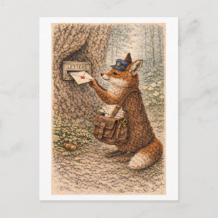 Vintage-Style Fox as Mailman Illustration Postcard