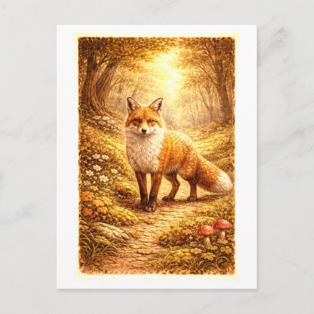 Vintage-Style Fox in Forest Illustration Postcard (Front)