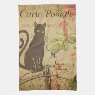 Vintage Style French Black Cat Ephemera Tea Towel