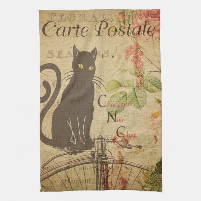 Vintage Style French Black Cat Ephemera Tea Towel (Vertical)