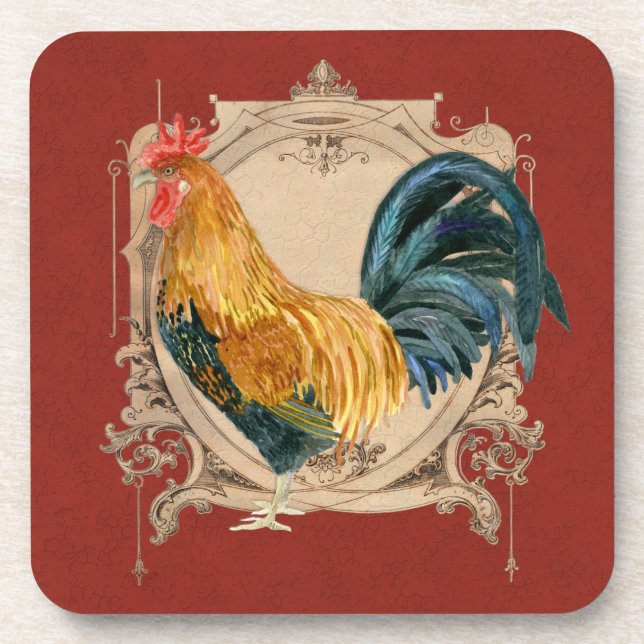 Vintage Style French Country Rustic Barn Rooster Coaster (Front)