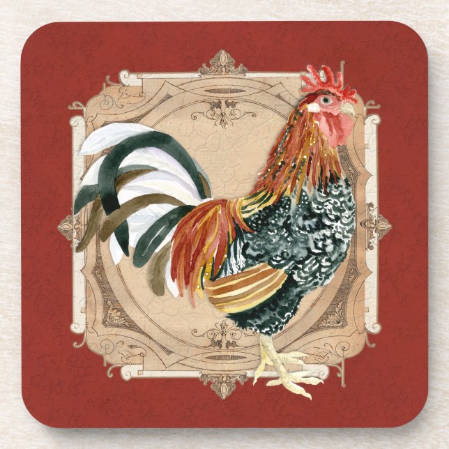 Vintage Style French Country Rustic Barn Rooster Coaster (Front)