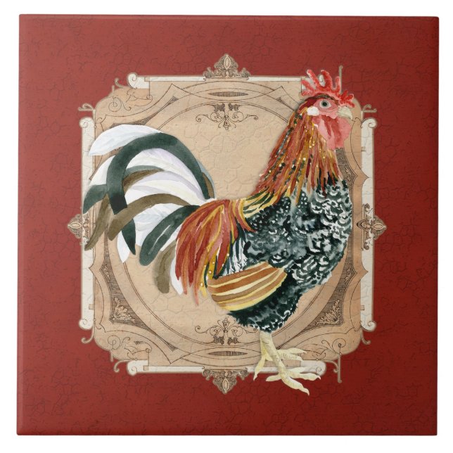 Vintage Style French Country Rustic Barn Rooster Tile (Front)