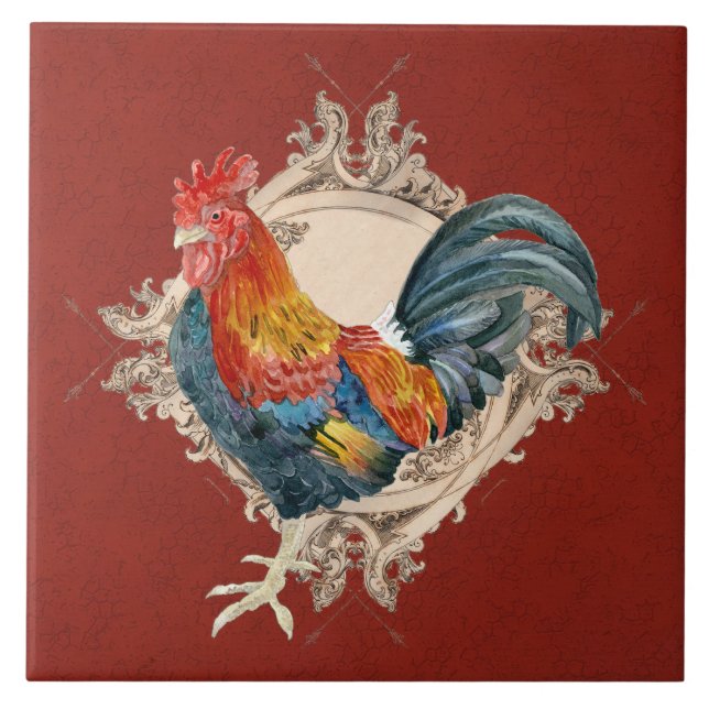 Vintage Style French Country Rustic Barn Rooster Tile (Front)