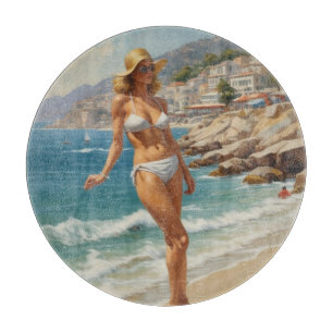 Vintage Style French Riviera Travel Beach Girl Cutting Board