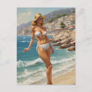 Vintage Style French Riviera Travel Beach Girl Postcard