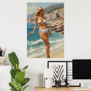 Vintage Style French Riviera Travel Beach Girl Poster