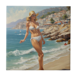 Vintage Style French Riviera Travel Beach Girl Tile
