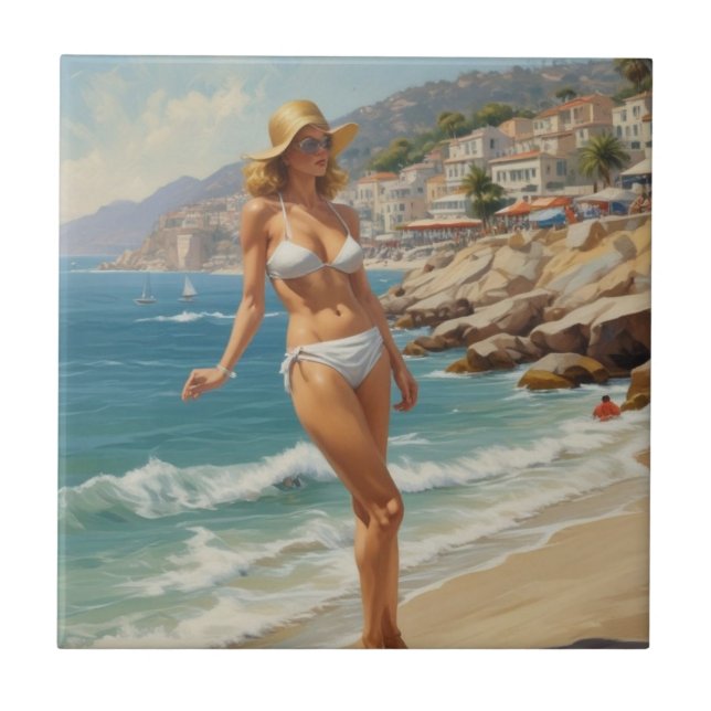 Vintage Style French Riviera Travel Beach Girl Tile (Front)