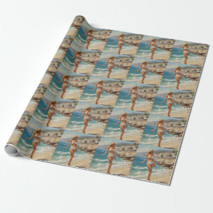 Vintage Style French Riviera Travel Beach Girl Wrapping Paper