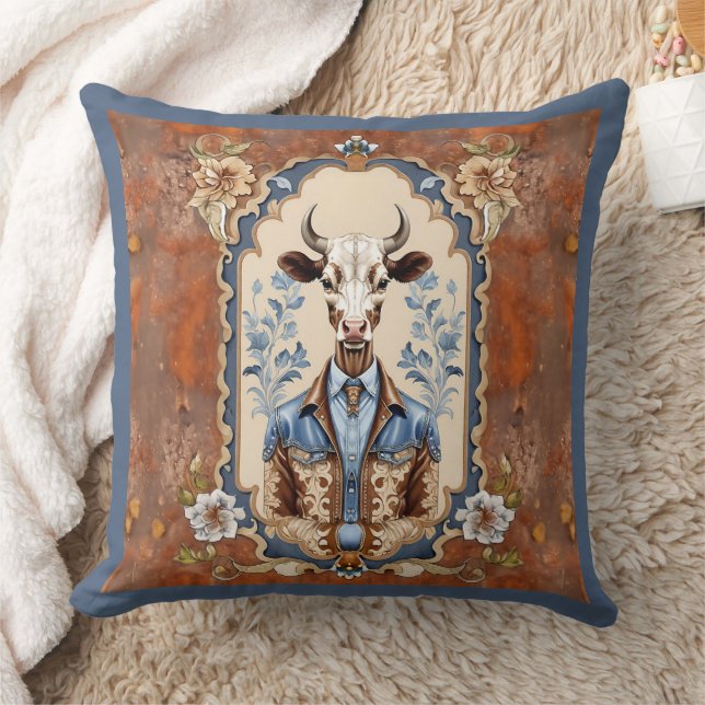 Vintage Style Funny Western Cow Art Cushion (Blanket)
