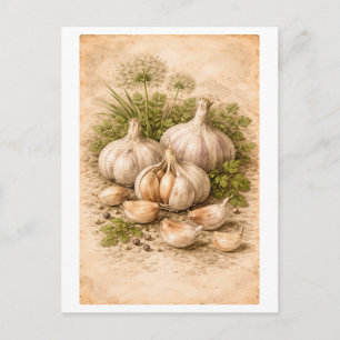 Vintage-Style Garlic Botanical Illustration Postcard