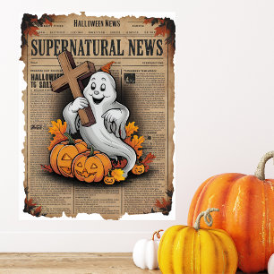 Vintage Style Halloween Newspaper Cross Ghost  Poster