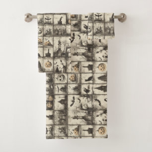 Vintage style Halloween pattern with sepia color Bath Towel Set
