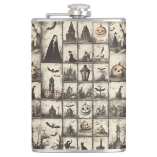 Vintage style Halloween pattern with sepia color Hip Flask