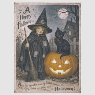 Vintage Style Halloween Postcard Witch Cat Tissue Paper