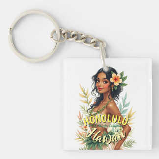 Vintage Style Hawaii Travel Honolulu Hula Girl Key Ring